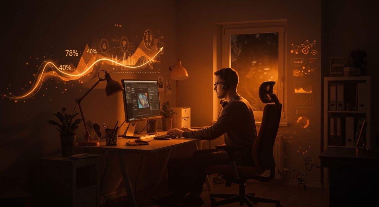 Setup productivo de oficina en casa para founders con ergonomía y equipamiento para teletrabajo en startups, destacando el 78% de empresas que implementan teletrabajo.