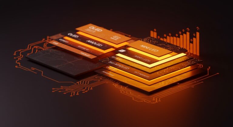 Comparativa visual de tecnologías de pantalla OLED, LCD, AMOLED y Mini LED para guías de mercado y elección de tecnología 2026.