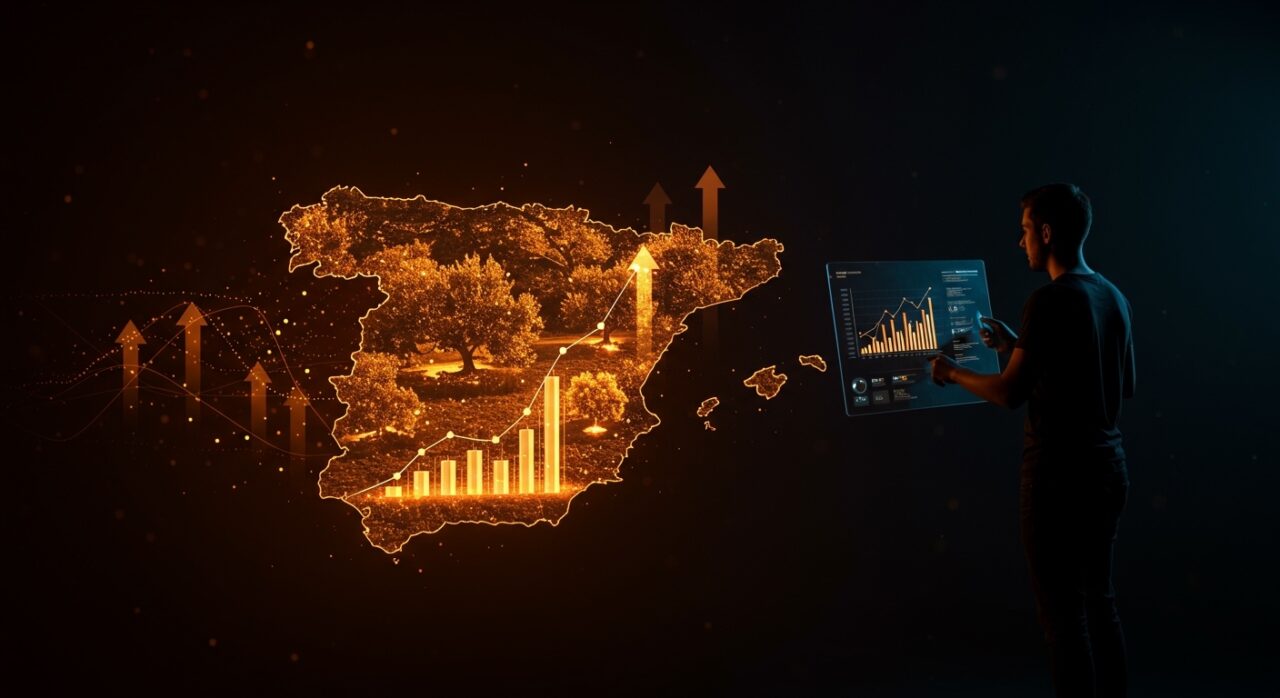 Mapa de expansión del olivar en España con un fundador analizando oportunidades de inversión en agritech y transformación estructural en 2025.