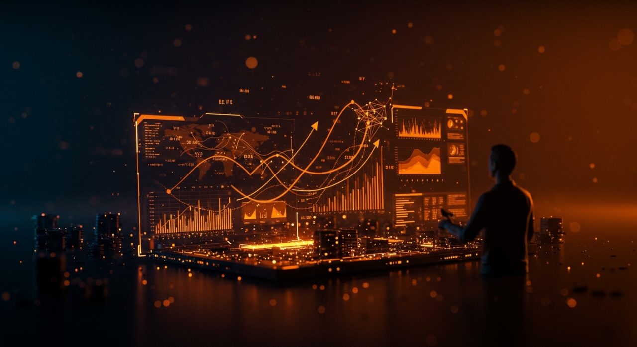 Interfaz de IA analizando la reputación corporativa en tiempo real, destacando el funding de startups tecnológicas.