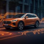 Omoda 9 SHS SUV híbrido enchufable destacado con iluminación cinematográfica, representando innovación y competitividad en el mercado automotriz europeo.