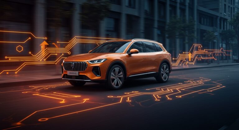 Omoda 9 SHS SUV híbrido enchufable destacado con iluminación cinematográfica, representando innovación y competitividad en el mercado automotriz europeo.