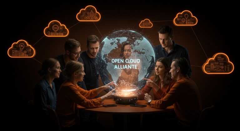 Empresarios holandeses colaborando en plataforma digital que simboliza cloud soberano europeo con Open Cloud Alliantie, alternativa a AWS y Google Cloud.
