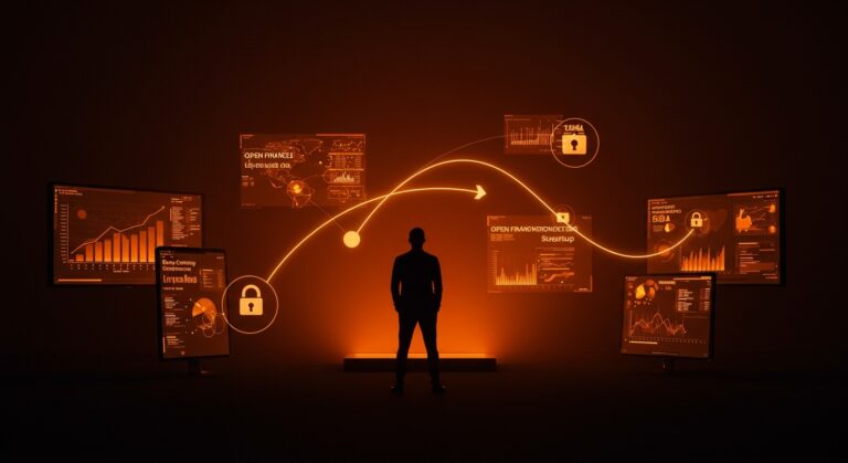 Emprendedor fintech frente a una interfaz digital con flujos de datos abiertos, representando la regulación de open finance del Banco Central Brasil 2026.