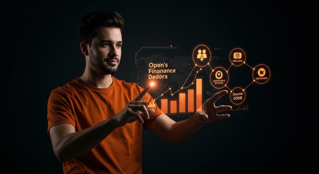 Fundador de fintech en Colombia adaptándose al open finance según Decreto 0368 con visuales digitales de finanzas abiertas y regulación financiera.