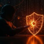 Análisis visual de ciberseguridad open source ante el hackeo norcoreano a Axios con símbolos digitales y redes abstractas.