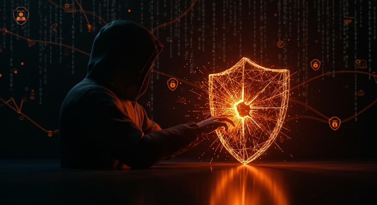 Análisis visual de ciberseguridad open source ante el hackeo norcoreano a Axios con símbolos digitales y redes abstractas.