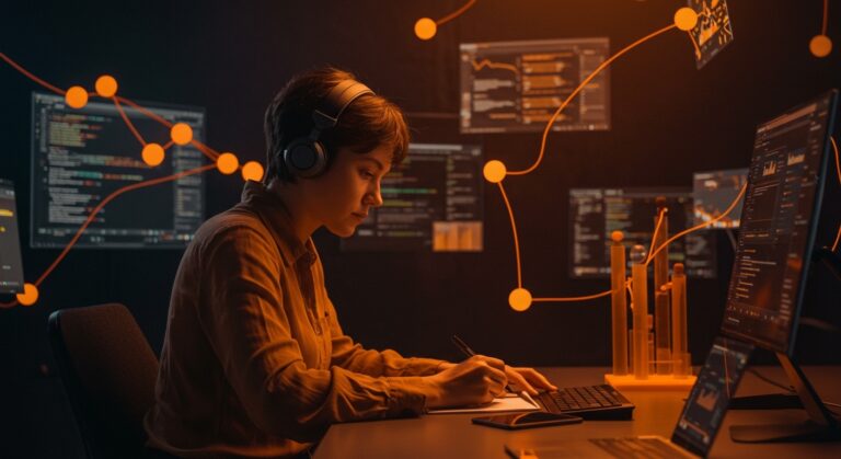 Colaboradora escribiendo documentación técnica para proyectos open source, destacando cómo contribuir sin código en la comunidad tecnológica.