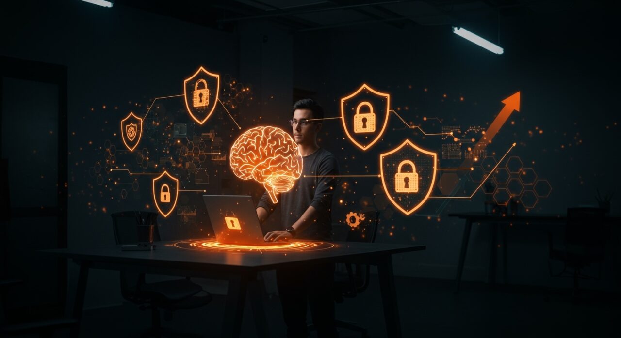Founder protegiendo su startup con ciberseguridad basada en inteligencia artificial de OpenAI en un entorno tecnológico moderno.