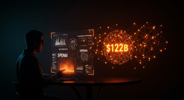 Fundador visionario frente a interfaz digital holográfica destacando los 5 principios de OpenAI y $122B en financiamiento para startups de IA.