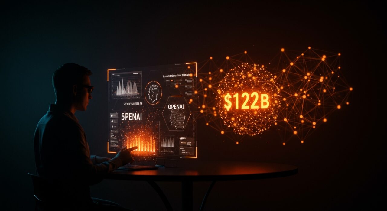 Fundador visionario frente a interfaz digital holográfica destacando los 5 principios de OpenAI y $122B en financiamiento para startups de IA.