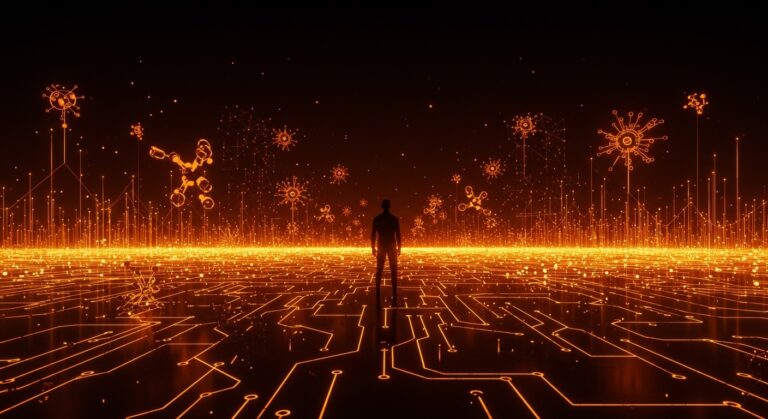 Fundador de startup tech frente a un horizonte digital iluminado en naranja y negro que representa las adquisiciones de OpenAI y su impacto en la financiación y competencia del sector IA.