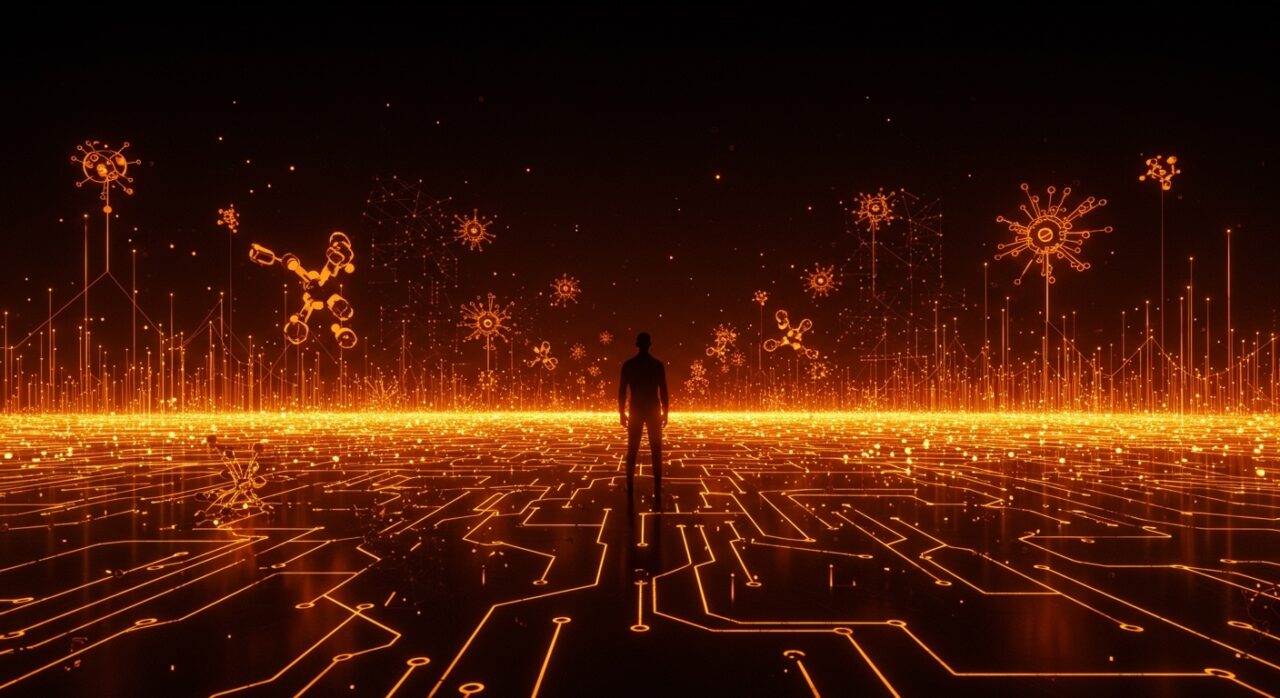 Fundador de startup tech frente a un horizonte digital iluminado en naranja y negro que representa las adquisiciones de OpenAI y su impacto en la financiación y competencia del sector IA.