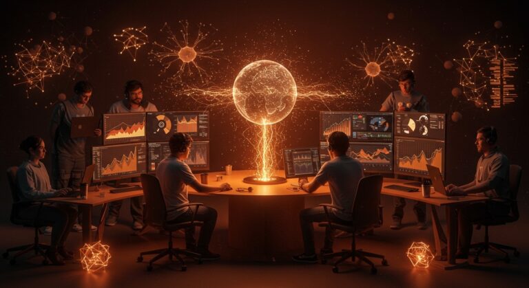 Fundadores hispanohablantes colaborando frente a datos de crecimiento de OpenAI y herramientas de IA, destacando el impacto del livestream de OpenAI $122 mil millones.