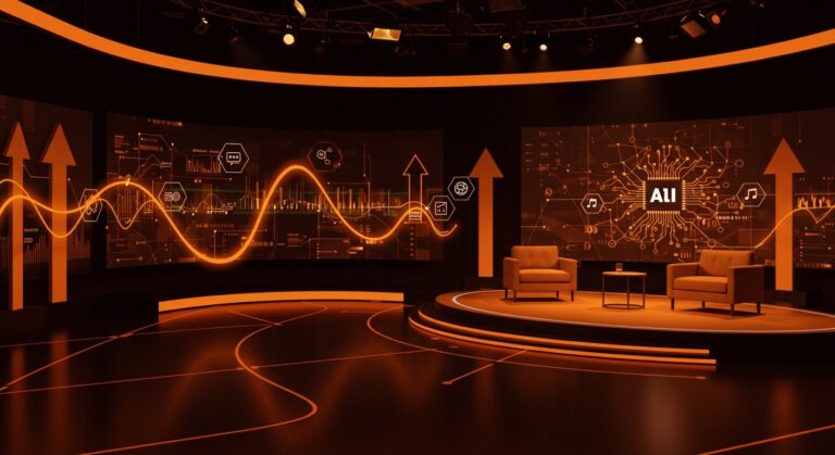 Escenario de talk show moderno en tonos naranja y negro que simboliza la adquisición de TBPN por OpenAI y su impacto en tendencias tech y el ecosistema startup.