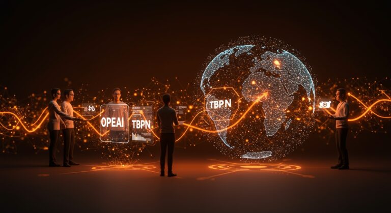 Colaboración e integración entre OpenAI y TBPN representando la adquisición y su impacto en la comunidad tech y startups.