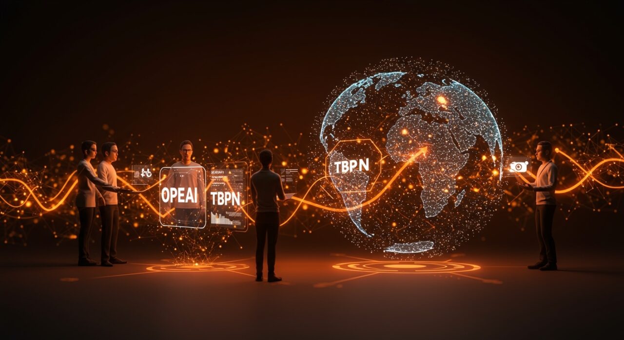 Colaboración e integración entre OpenAI y TBPN representando la adquisición y su impacto en la comunidad tech y startups.
