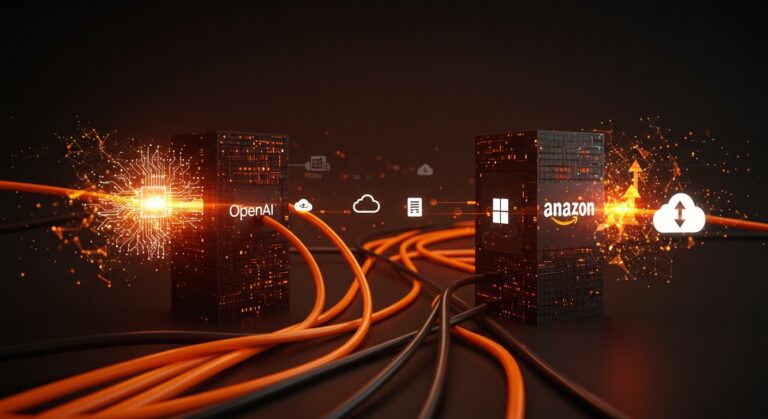 Acuerdo de 50 mil millones entre OpenAI y Amazon simbolizado con torres corporativas conectadas por flujos digitales naranja y negro, destacando la inversión en IA y multi-cloud tras Microsoft.