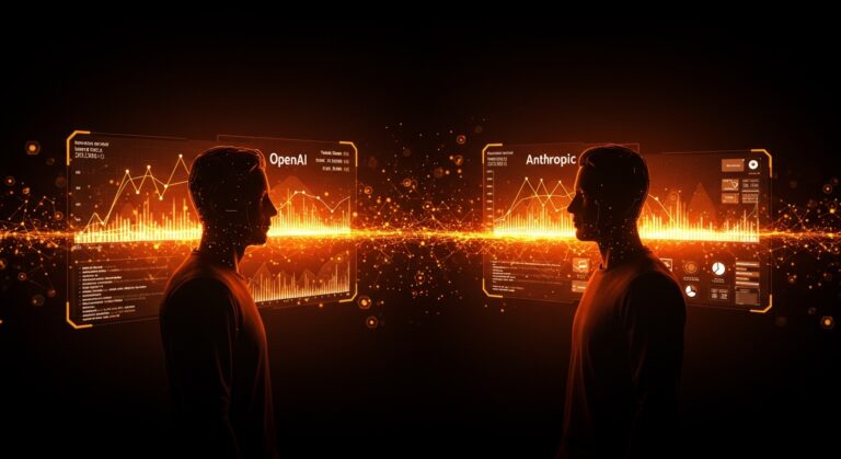 Cambio en inversión entre OpenAI y Anthropic reflejado en diseñadores tech con gráficos holográficos en paleta naranja y negro estilo Ecosistema Startup.