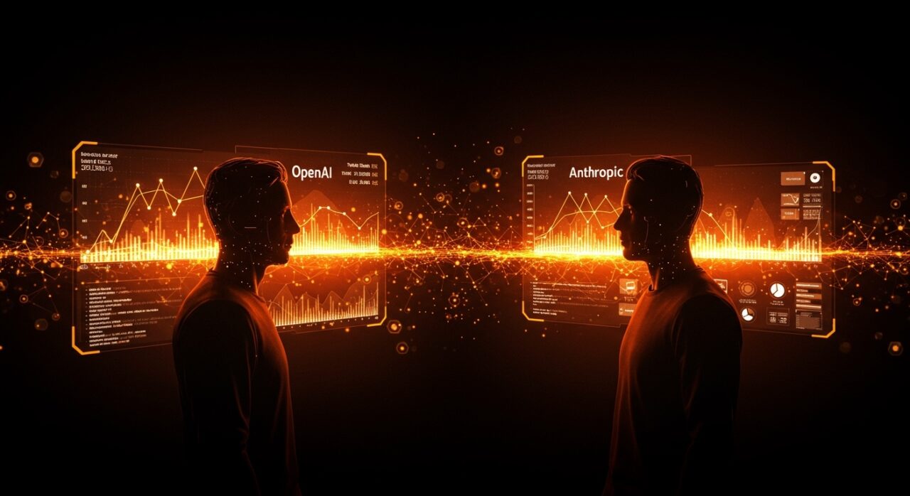 Cambio en inversión entre OpenAI y Anthropic reflejado en diseñadores tech con gráficos holográficos en paleta naranja y negro estilo Ecosistema Startup.