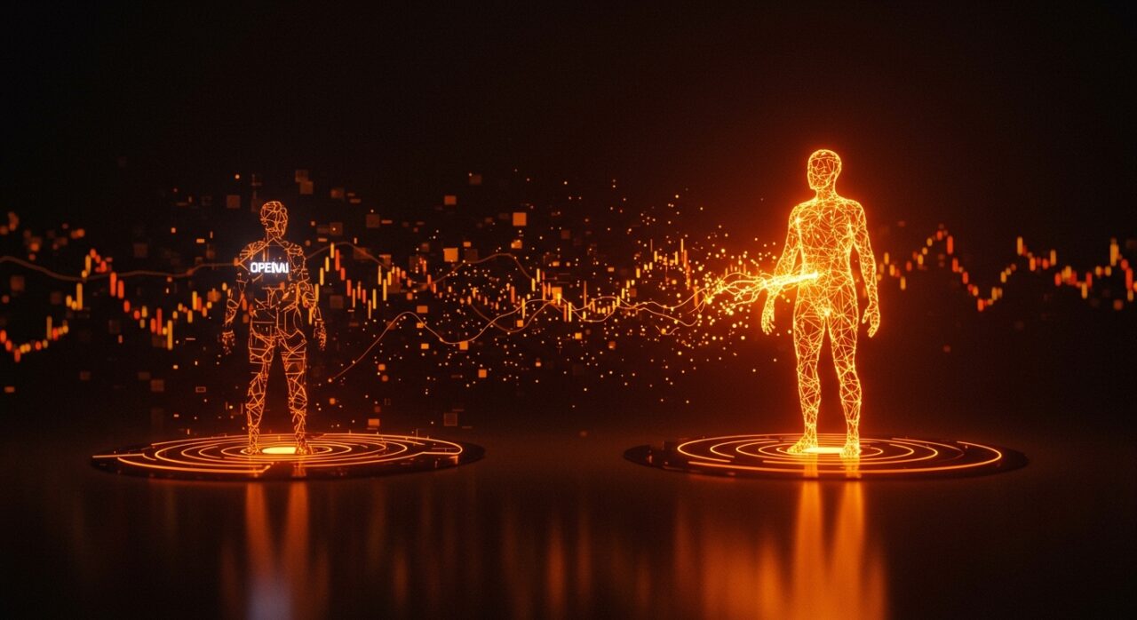 Representación visual de las tendencias de inversión en inteligencia artificial destacando a Anthropic atrayendo capital mientras OpenAI pierde atractivo en el mercado secundario.