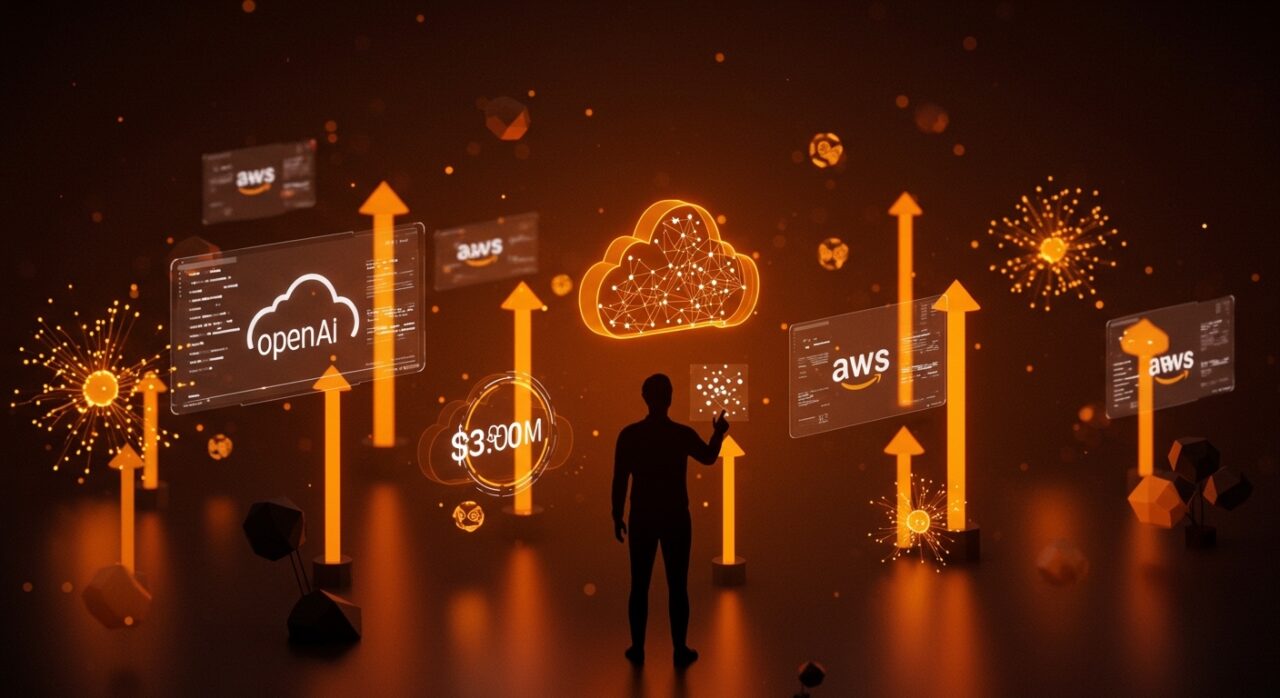 OpenAI en AWS colaboración multimillonaria visualizada con fundador de startup y elementos de inteligencia artificial y computación en la nube.