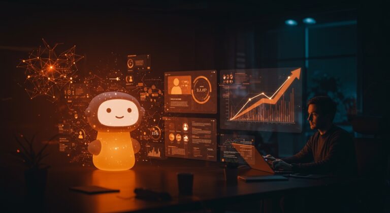 Interfaz de ChatGPT con anuncios interactivos y fundador de startup analizando oportunidades de monetización mediante inteligencia artificial y ad-tech.