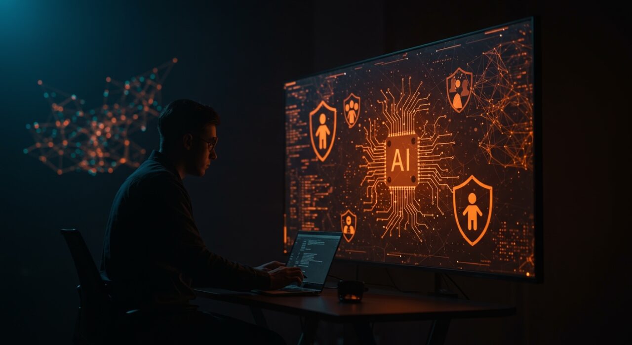 OpenAI Child Safety Blueprint representado con un desarrollador vigilante y símbolos de protección ética en IA contra la explotación infantil.