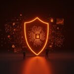 Representación visual de defensor de ciberseguridad con IA y escudo digital en tonos naranja y negro para startups tecnológicas.