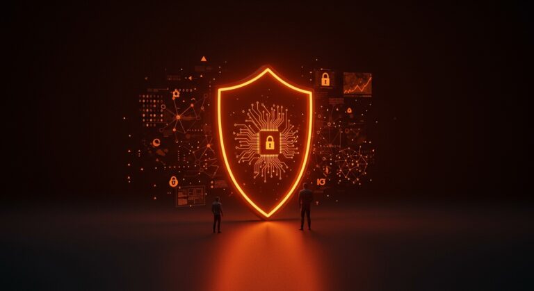 Representación visual de defensor de ciberseguridad con IA y escudo digital en tonos naranja y negro para startups tecnológicas.