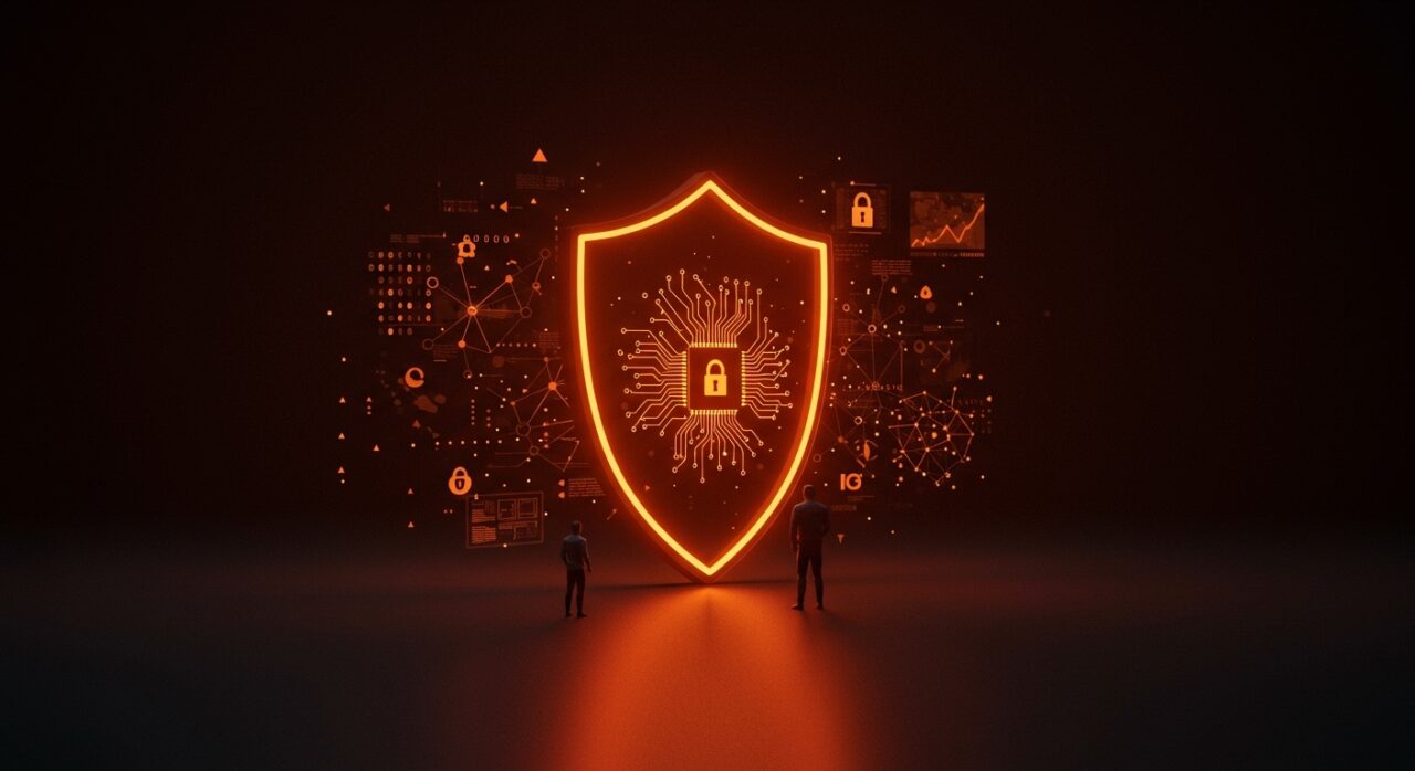Representación visual de defensor de ciberseguridad con IA y escudo digital en tonos naranja y negro para startups tecnológicas.