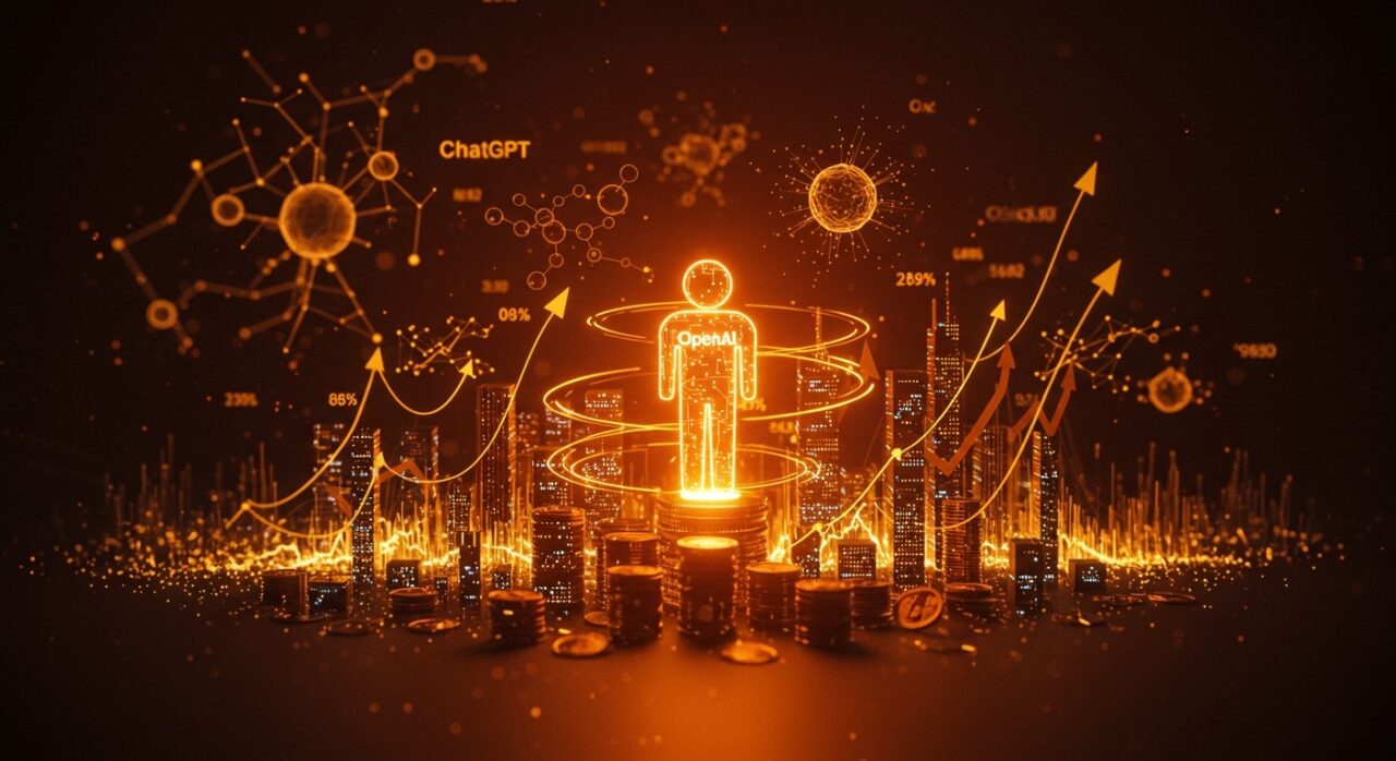 OpenAI lidera una histórica ronda de financiación tech de 122.000 millones USD con símbolos visuales de inversión, IA y crecimiento en startups tecnológicas.