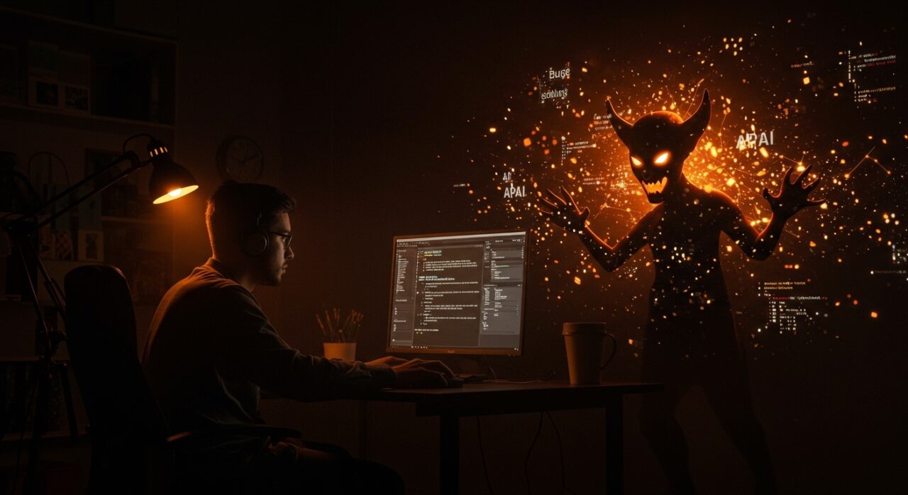 Desarrollador enfrentando un bug de goblins en código AI de OpenAI Codex que afecta startups y APIs.