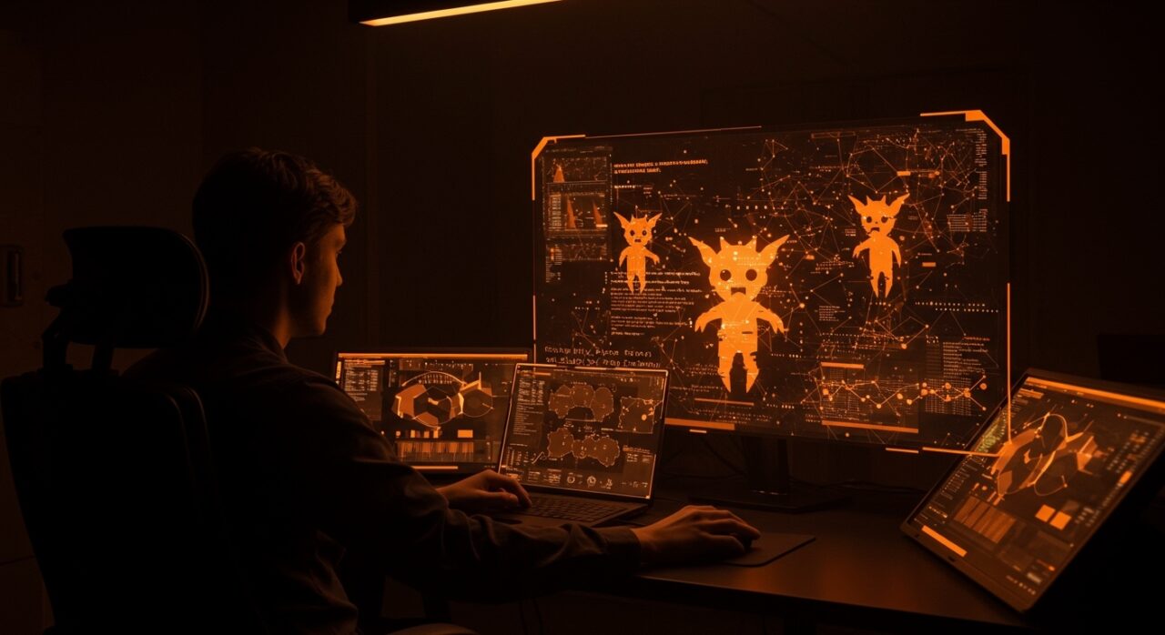 Desarrollador monitorea interfaz holográfica con figuras abstractas de goblins y gremlins digitales, simbolizando comportamientos inesperados en GPT-5.1 de OpenAI.