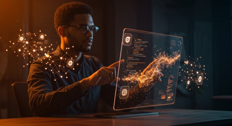 Fundador tecnológico interactuando con interfaz digital avanzada que muestra automatización e inteligencia artificial aplicada con plugins y contexto ampliado.