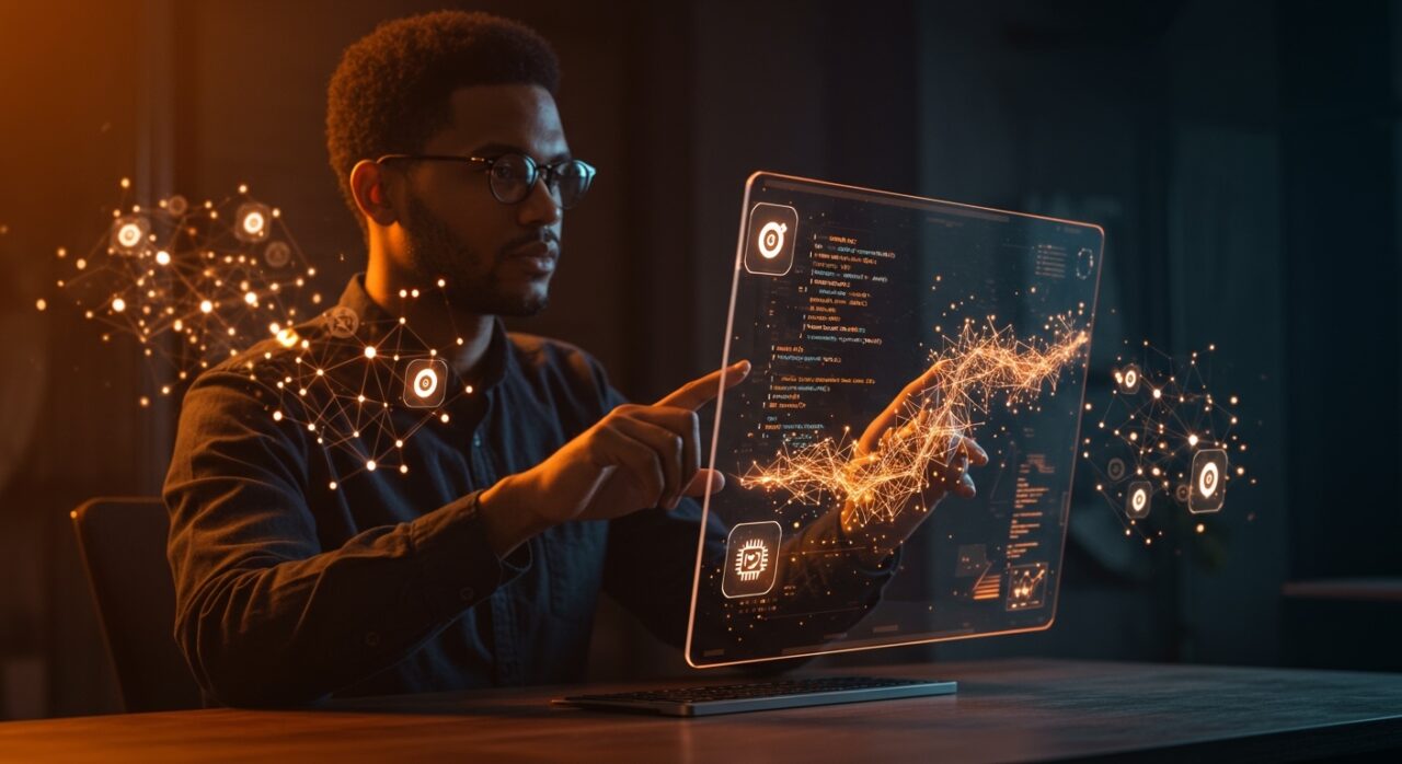 Fundador tecnológico interactuando con interfaz digital avanzada que muestra automatización e inteligencia artificial aplicada con plugins y contexto ampliado.