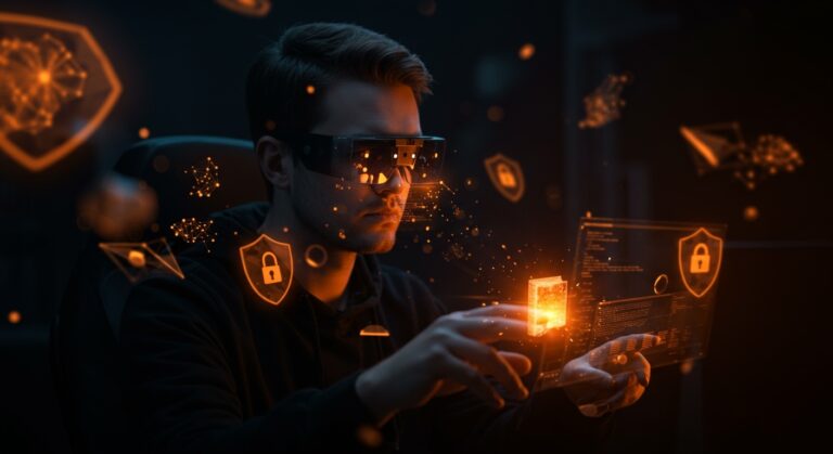 Defensor de ciberseguridad en entorno futurista con IA y protección para startups tecnológicas usando GPT-5.5.