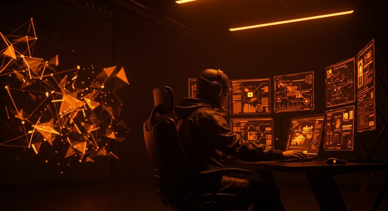 Defensor cibernético utilizando inteligencia artificial en ciberseguridad con interfaces digitales en tonos naranja y negro, destacando la tecnología avanzada de OpenAI GPT-5.5 Cyber y su acceso restringido para startups tech.