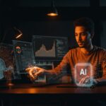 Fundador de startup interactuando con hologramas de inteligencia artificial y algoritmos de GPT-5.5, representando avances en automatización y coding asistido.