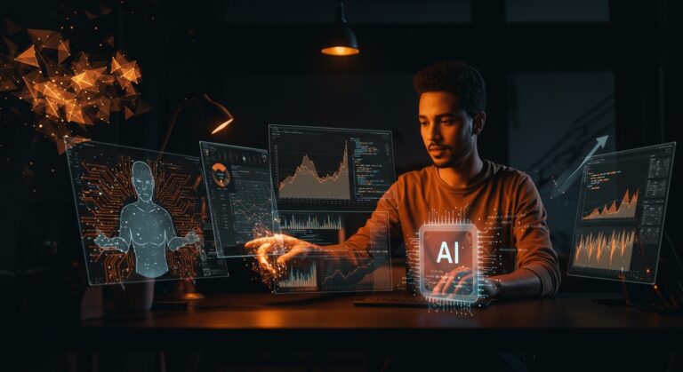 Fundador de startup interactuando con hologramas de inteligencia artificial y algoritmos de GPT-5.5, representando avances en automatización y coding asistido.