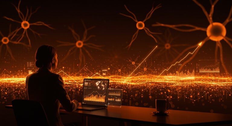 Líder empresarial en silueta frente a un horizonte digital de inteligencia artificial, simbolizando la guerra competitiva en el mercado enterprise de IA en 2026.