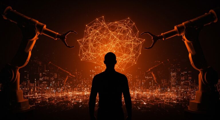 Líder visionario frente a una ciudad futurista de datos digitales y automatización, simbolizando IA, impuestos robot y fondos públicos para la economía del futuro.