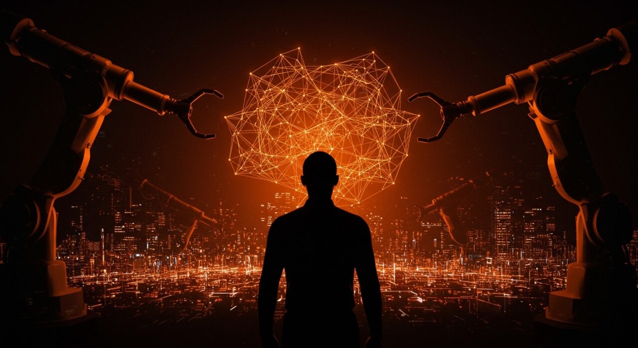 Líder visionario frente a una ciudad futurista de datos digitales y automatización, simbolizando IA, impuestos robot y fondos públicos para la economía del futuro.