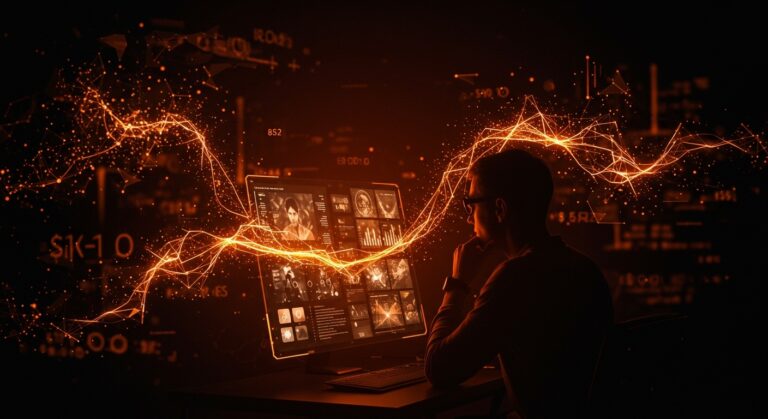 Vista cinematográfica de fundador analizando interfaz digital de ChatGPT Images 2.0 con metáforas visuales de redes neuronales y flujo de energía representando IPO de OpenAI de 852 mil millones.