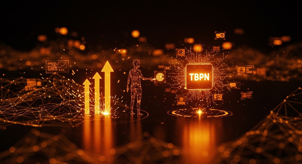 Integración de OpenAI y TBPN en Silicon Valley simbolizada por redes neuronales y crecimiento tecnológico en medios digitales.