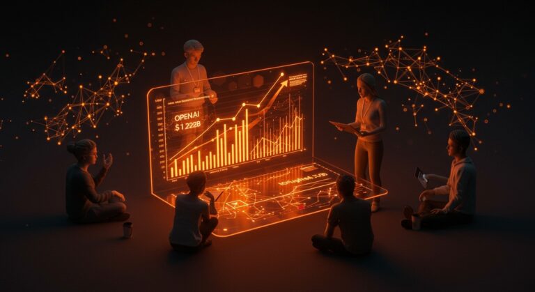 Grupo de emprendedores y inversores retail conectados en pantalla digital mostrando la ronda récord de inversión de OpenAI y oportunidades en IA para LATAM.