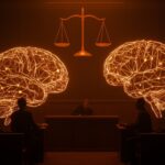 Ilustración cinematográfica del juicio Elon Musk y Sam Altman sobre OpenAI, mostrando metáforas de IA y litigios para startups de tecnología.