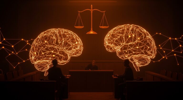 Ilustración cinematográfica del juicio Elon Musk y Sam Altman sobre OpenAI, mostrando metáforas de IA y litigios para startups de tecnología.