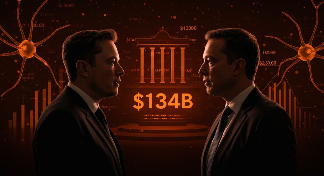 Juicio entre Elon Musk y Sam Altman por OpenAI con metaforas visuales de inversión en IA y disputa legal en startups tecnológicas.