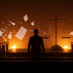 Imagen editorial dramática que ilustra el juicio Musk contra OpenAI y las lecciones para startups sobre cambio de misión y protección empresarial.